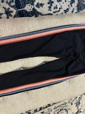 ALO Yoga Black Leggings with Coral and Navy Side Stripes